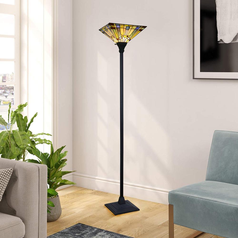 CHLOE Lighting KINSEY Tiffany-Style Blackish Bronze 1-Light Mission Torchiere Floor Lamp 14" Shade. Picture 6