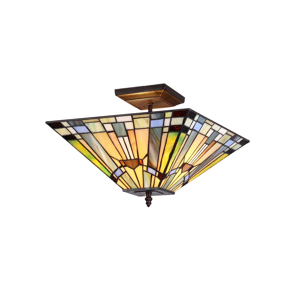 KINSEY Tiffany-style 2 Light Mission Semi-flush Ceiling Fixture 14" Shade. The main picture.