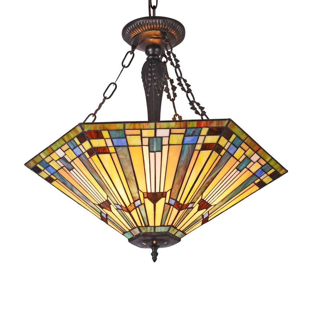 KINSEY Tiffany-style 3 Light Mission Large Inverted Ceiling Pendant 24" Shade. Picture 1