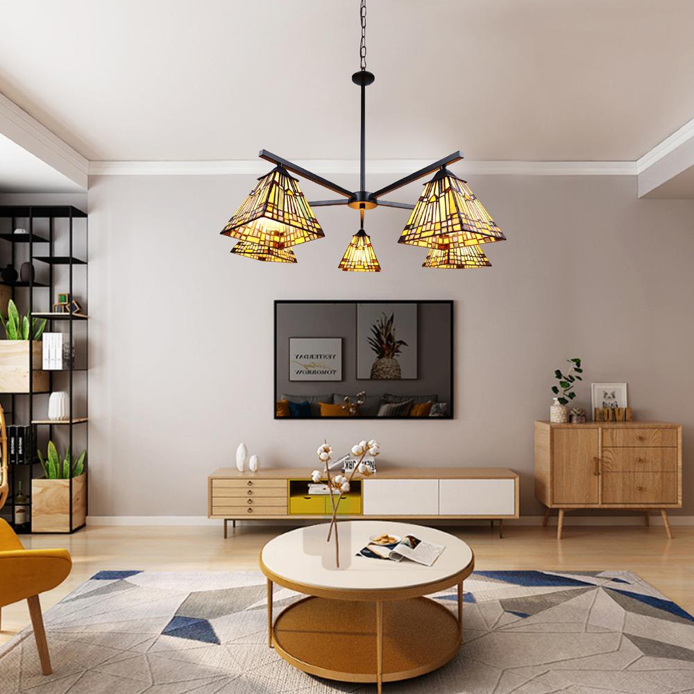 CHLOE Lighting KINSEY Mission Tiffany-style Blackish Bronze 5 Light Large Chandelier 30" Wide. Picture 9