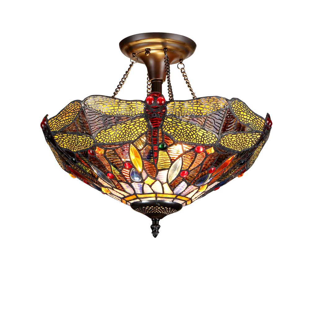 DRAGAN Tiffany-style 2 Light Dragonfly Semi-flush Ceiling Fixture 16" Shade. Picture 1