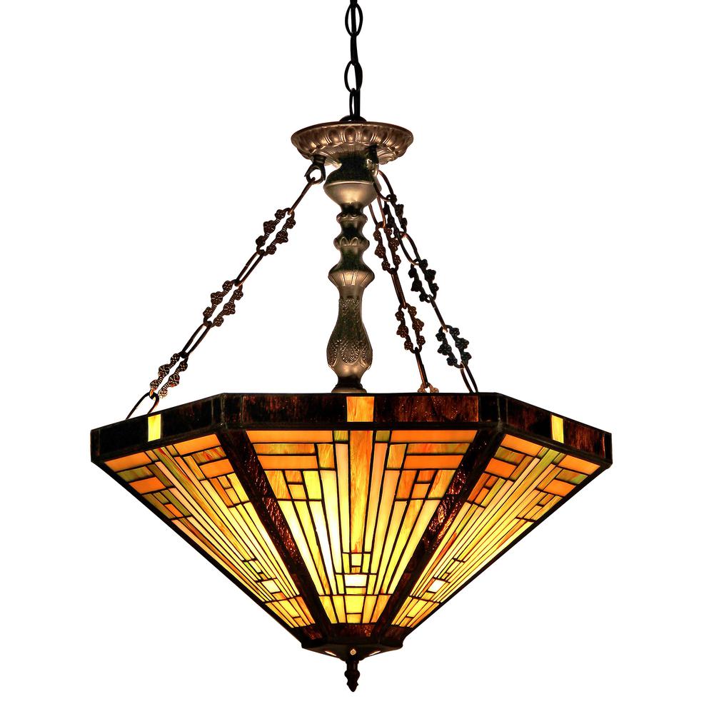 INNES Tiffany-style 3 Light Mission Inverted Ceiling Pendant Fixture 22" Shade. Picture 1