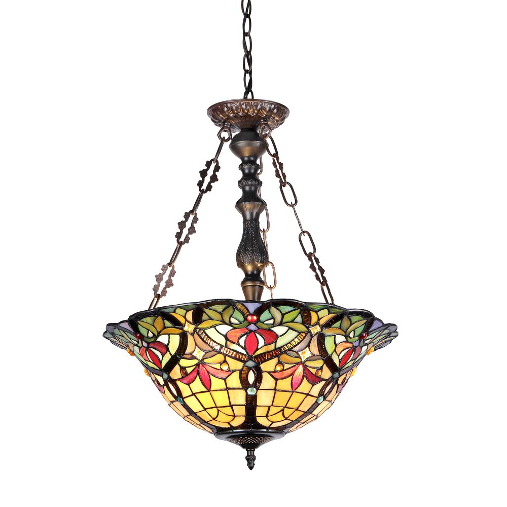 BERTRAM Tiffany-style 3 Light Victorian Inverted Ceiling Pendant 18" Shade. Picture 1