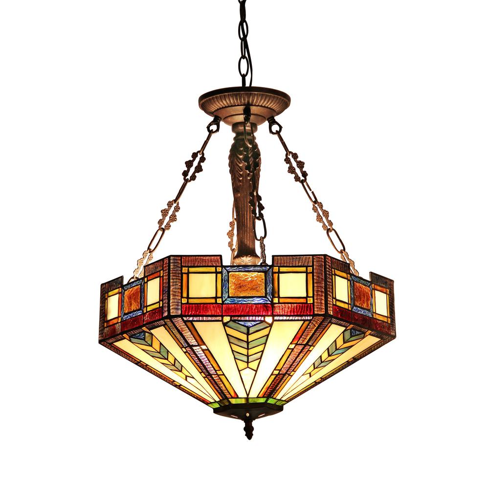 BAXTER Tiffany-style 3 Light Mission Inverted Ceiling Pendant Fixture 20" Shade. Picture 1
