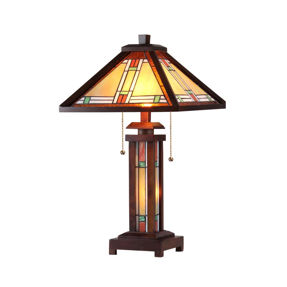 AARON Tiffany-style 3 Light Mission Double Lit Wooden Table Lamp 15" Shade. Picture 1