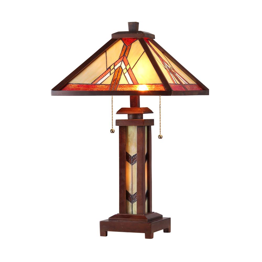 ANTON Tiffany-style 3 Light Mission Double Lit Wooden Table Lamp 15" Shade. Picture 1