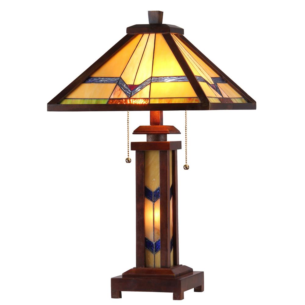 ALEXANDER Tiffany-style 3 Light Mission Double Lit Wooden Table Lamp 15" Shade. Picture 1