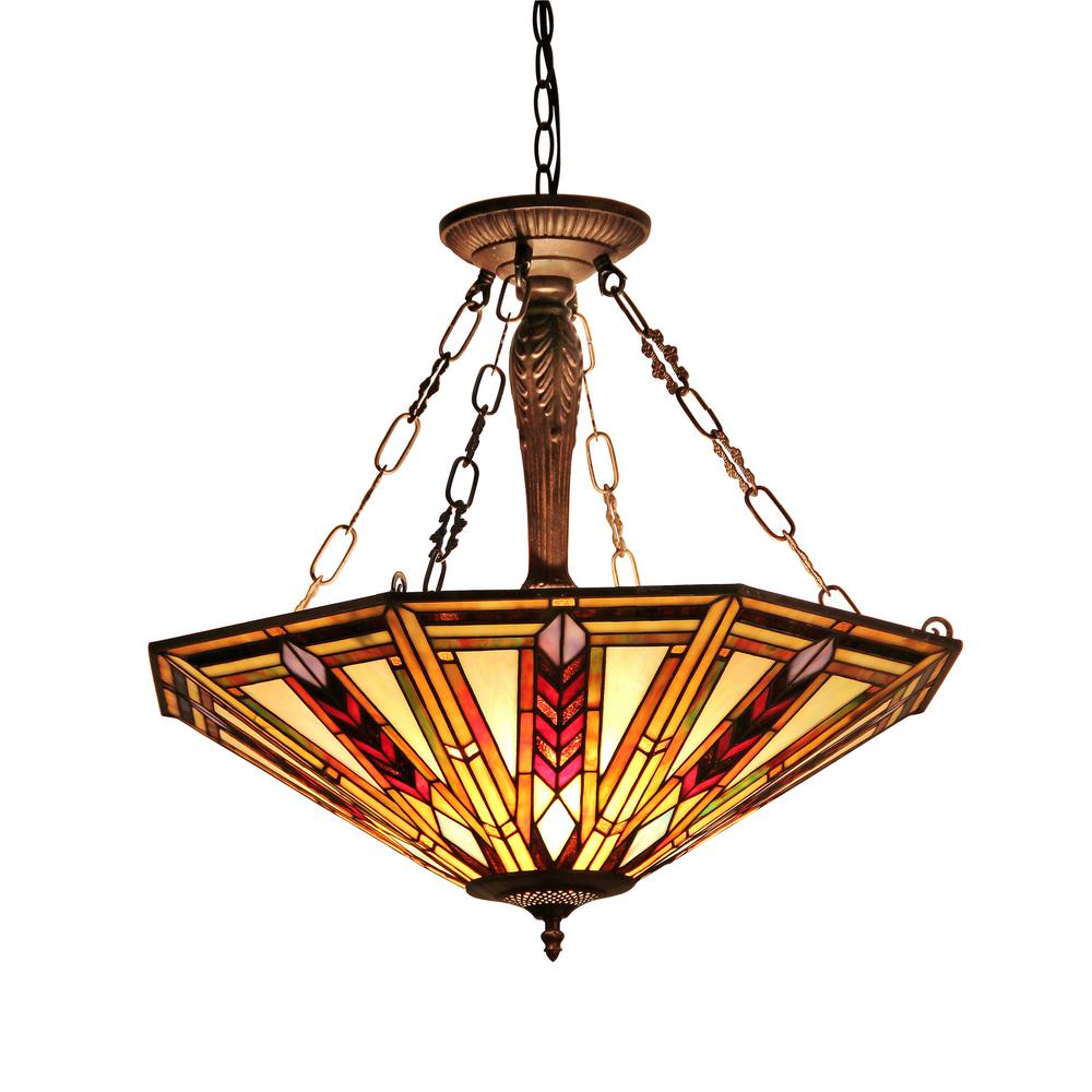 JAYDEN Tiffany-style 3 Light Mission Inverted Ceiling Pendant Fixture 25" Shade. Picture 1