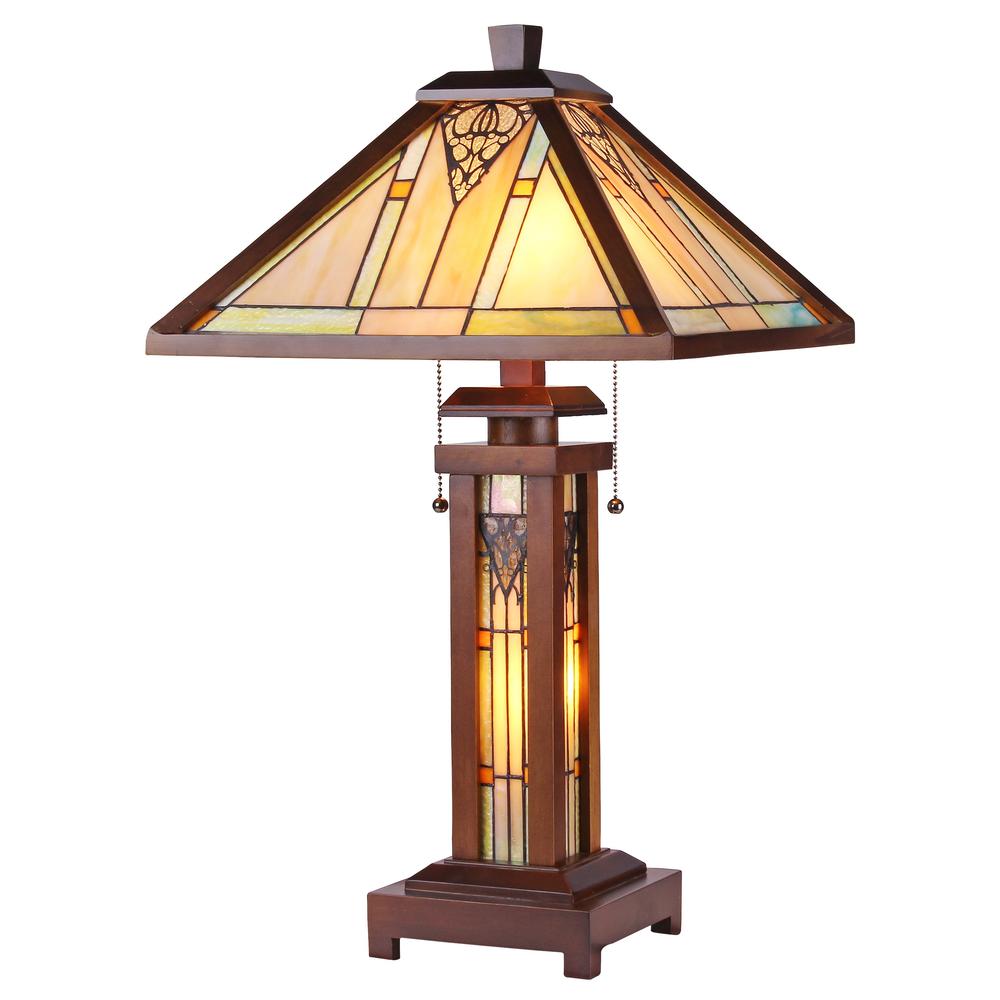 ZELLA Tiffany-style Mission 3 Light Double Lit Wooden Table Lamp 15" Shade. Picture 1