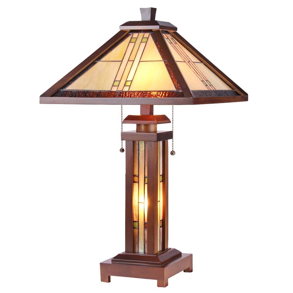 EARLE Tiffany-style Mission 3 Light Double Lit Wooden Table Lamp 15" Shade. Picture 1