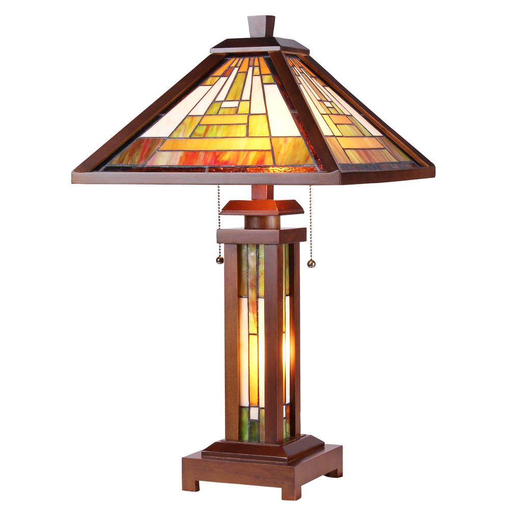 GAWAIN Tiffany-style Mission 3 Light Double Lit Wooden Table Lamp 15" Shade. Picture 1