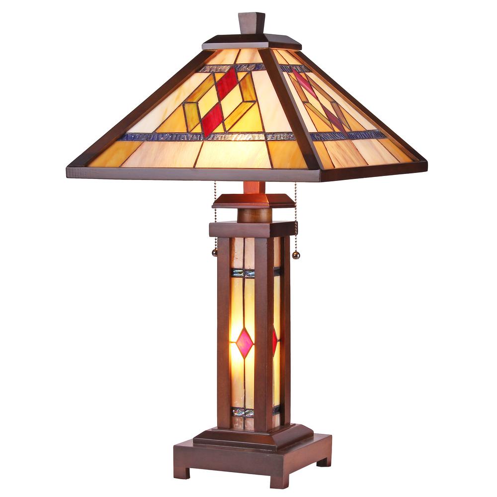 GARETH Tiffany-style Mission 3 Light Double Lit Wooden Table Lamp 15" Shade. Picture 1