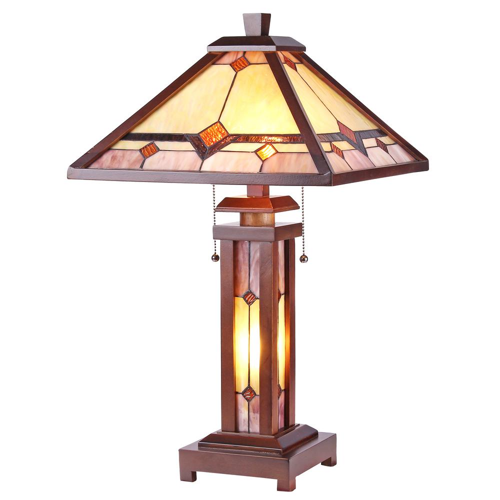 KAY Tiffany-style Mission 3 Light Double Lit Wooden Table Lamp 15" Shade. Picture 1
