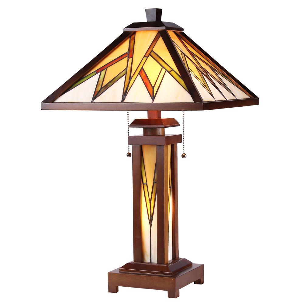 LAMORAK Tiffany-style Mission 3 Light Double Lit Wooden Table Lamp 15" Shade. Picture 1