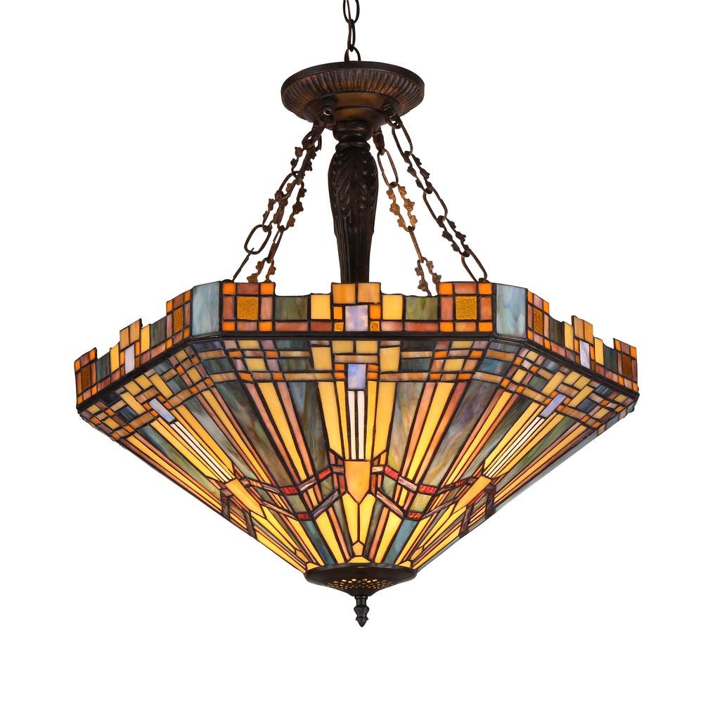 SAXON Tiffany-style 3 Light Mission Inverted Ceiling Pendant Fixture 24" Shade. Picture 1