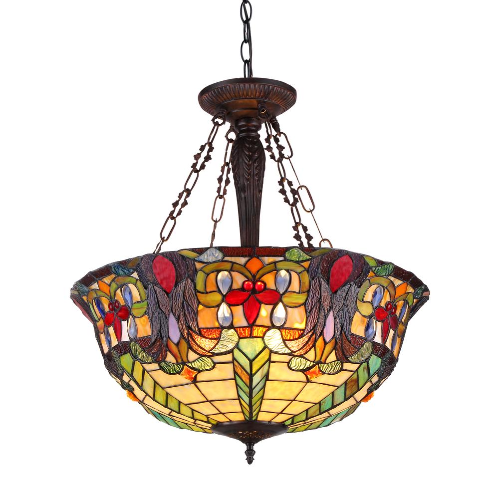 RILEY Tiffany-style 3 Light Victorian Inverted Ceiling Pendant Fixture 22" Shade. Picture 1