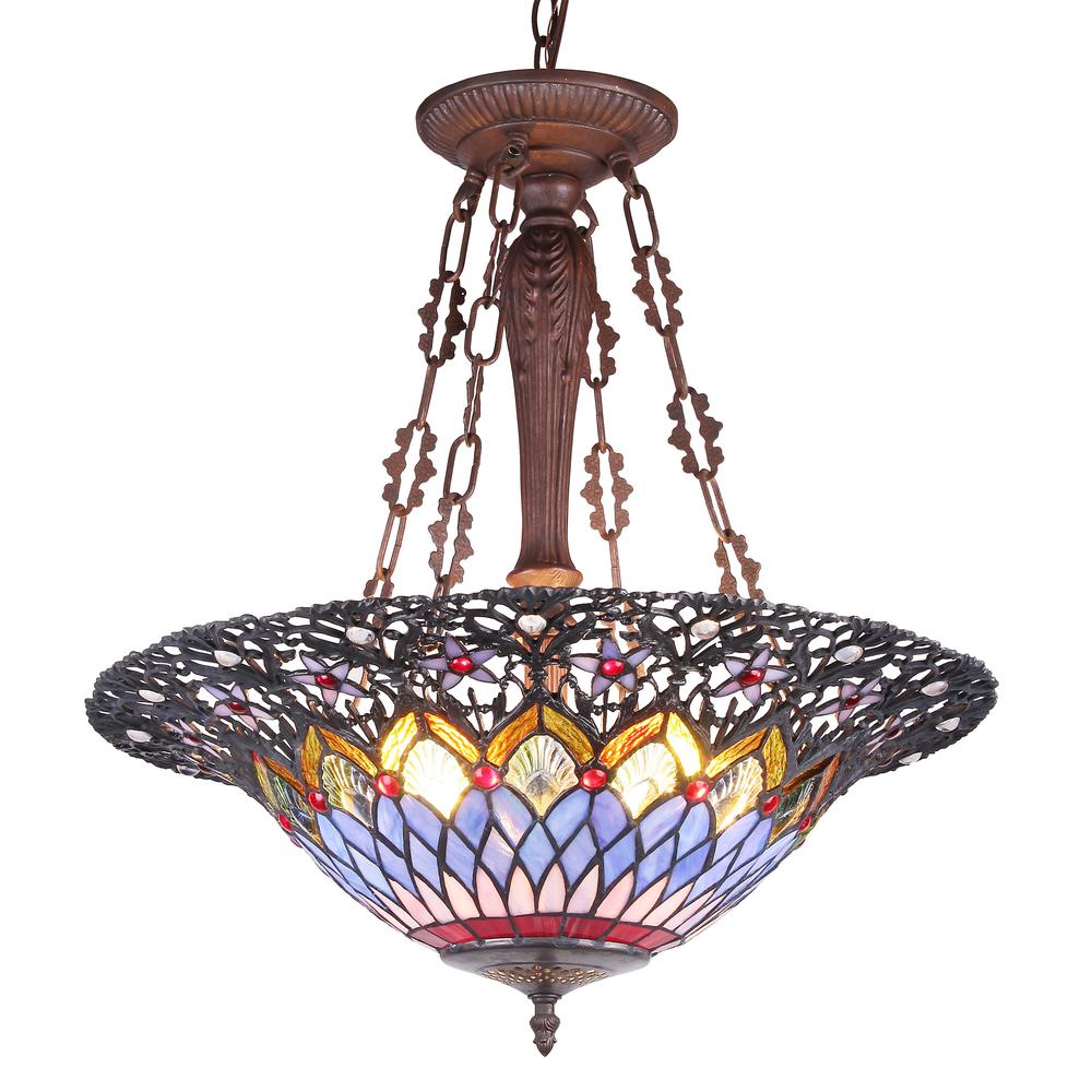 CAMILA Tiffany-style 3 Light Inverted Ceiling Pendant 21" Shade. Picture 1