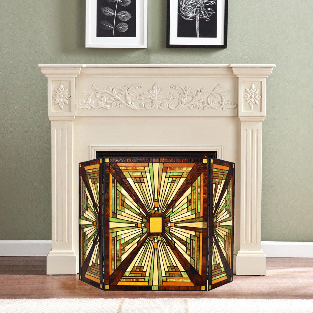 CHLOE Lighting INNES Tiffany-style 3pcs Folding Mission Fireplace Screen 45" Wide. Picture 3