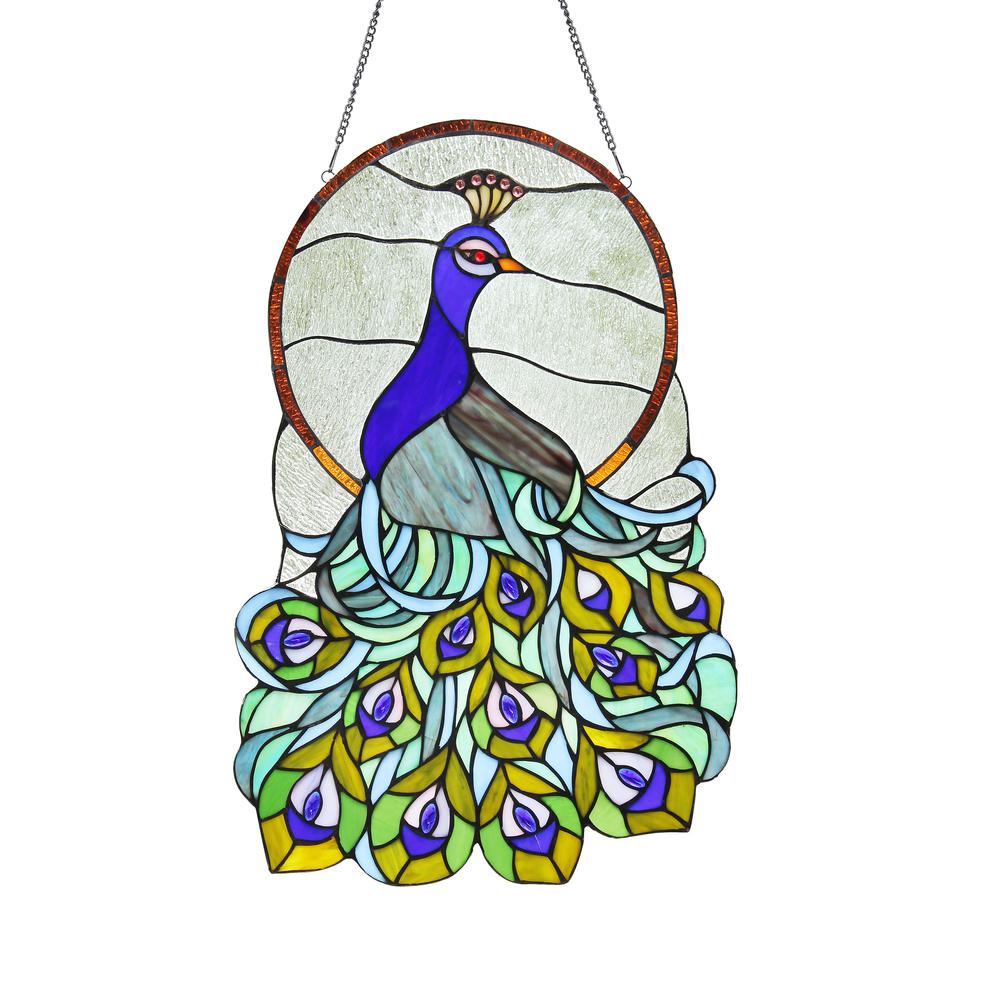 LILLIBETH Tiffany-glass Peacock Window Panel 24". Picture 3