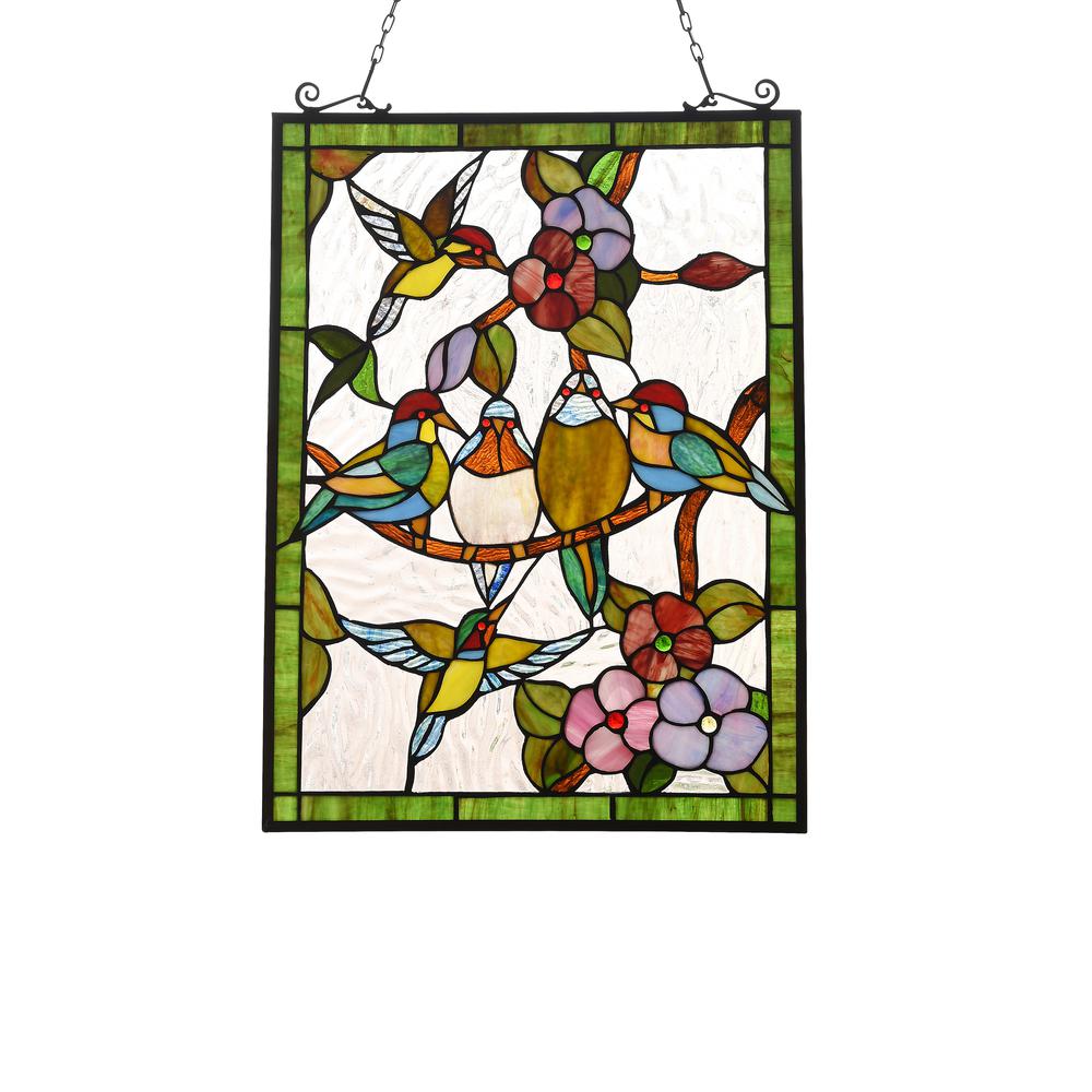 CHLOE Lighting TROPICAL BIRDS Tiffany-style Animal Design Window Panel 18" x 25". The main picture.