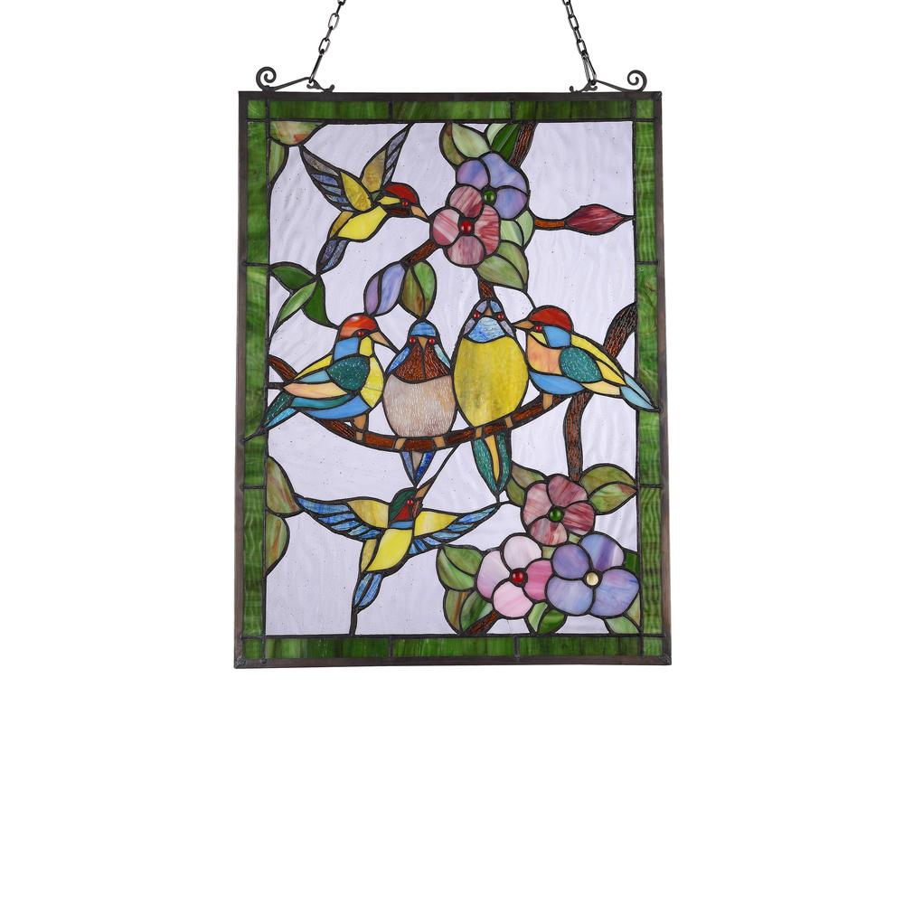 CHLOE Lighting TROPICAL BIRDS Tiffany-style Animal Design Window Panel 18" x 25". Picture 2