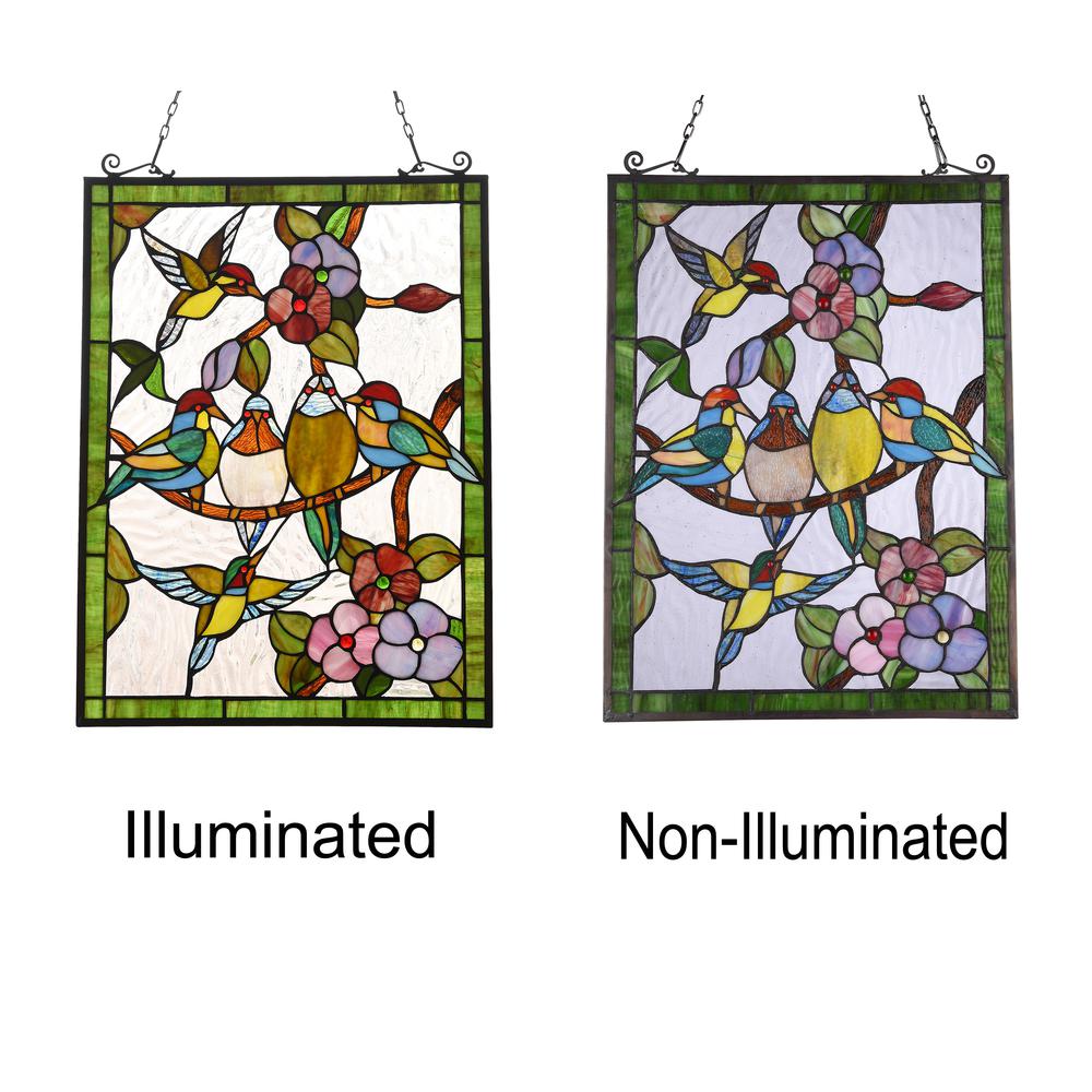 CHLOE Lighting TROPICAL BIRDS Tiffany-style Animal Design Window Panel 18" x 25". Picture 3