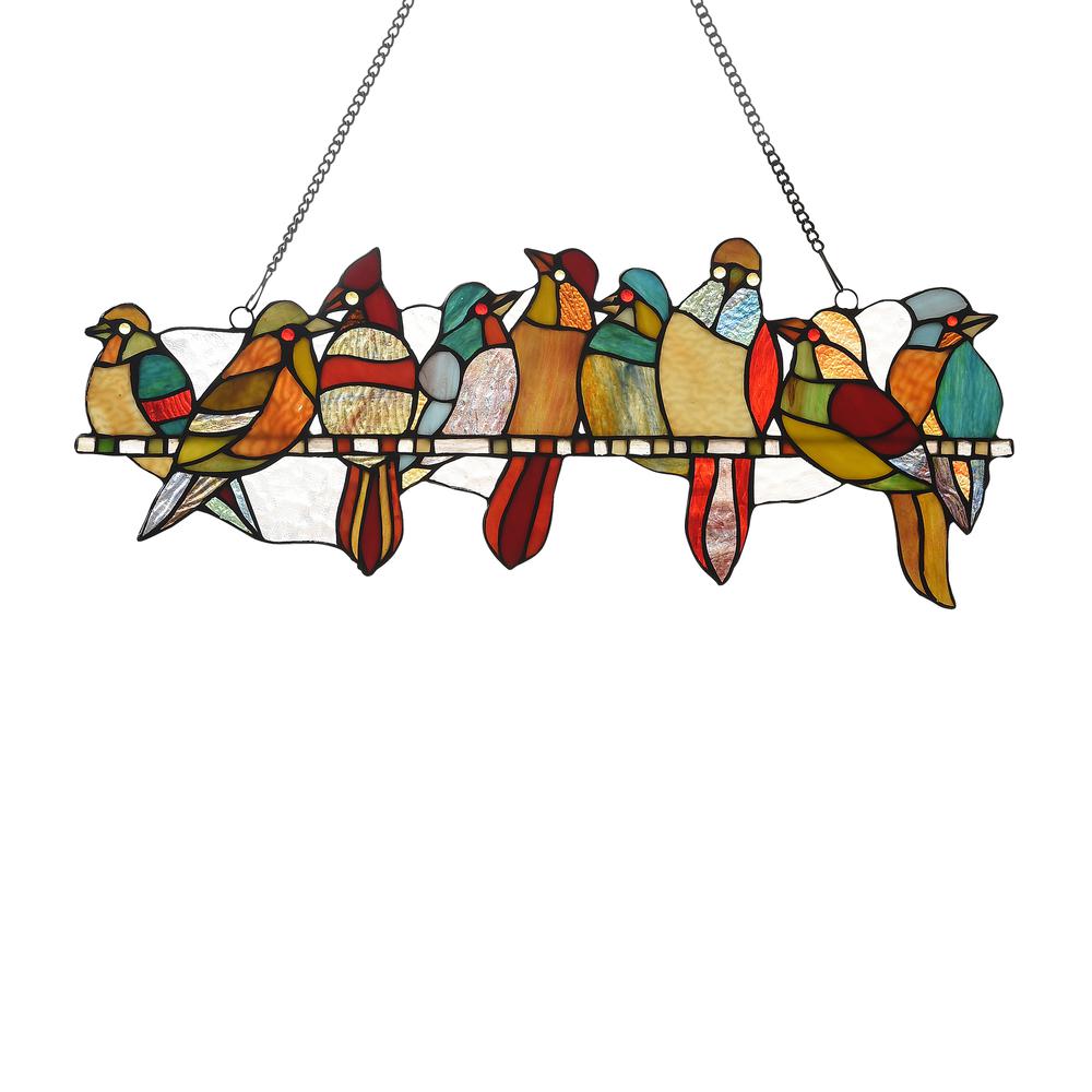 CHLOE Lighting BIRDS ON A VINE Tiffany-style Animal Design Window Panel 24" x 10". Picture 1