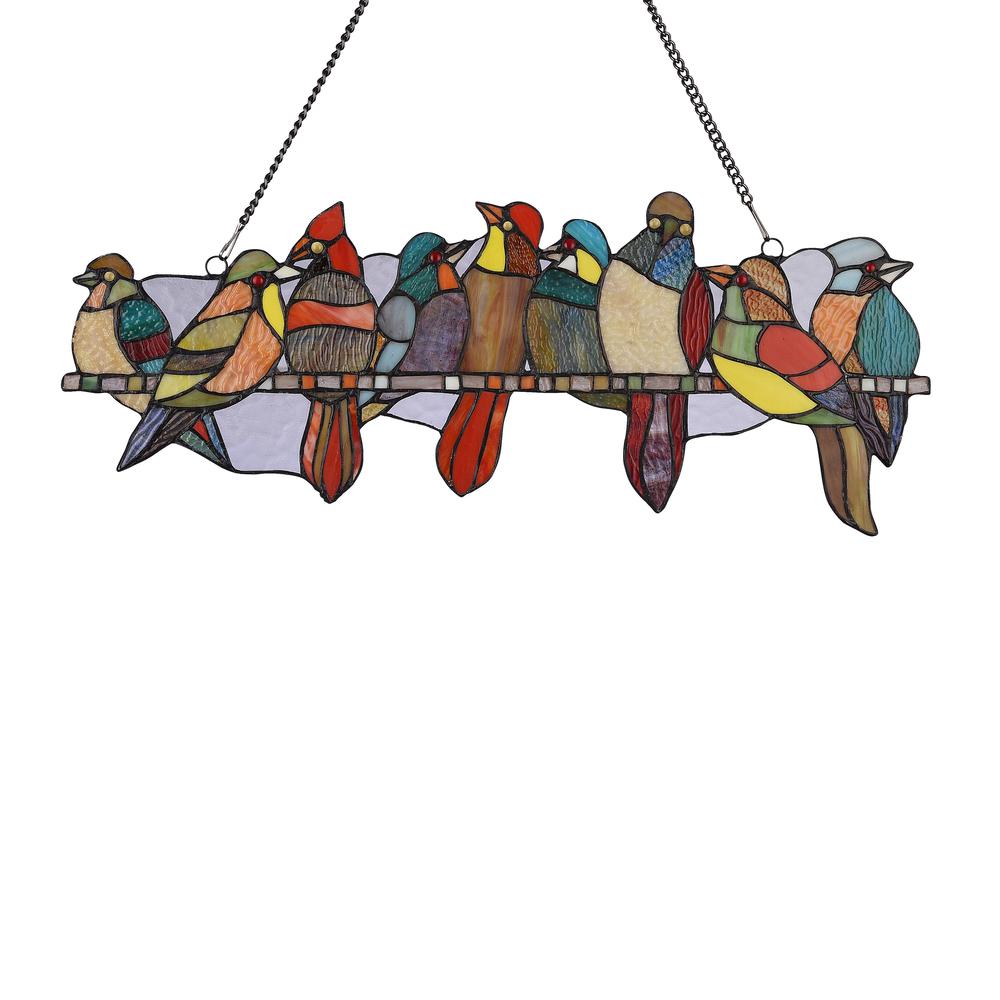 CHLOE Lighting BIRDS ON A VINE Tiffany-style Animal Design Window Panel 24" x 10". Picture 2