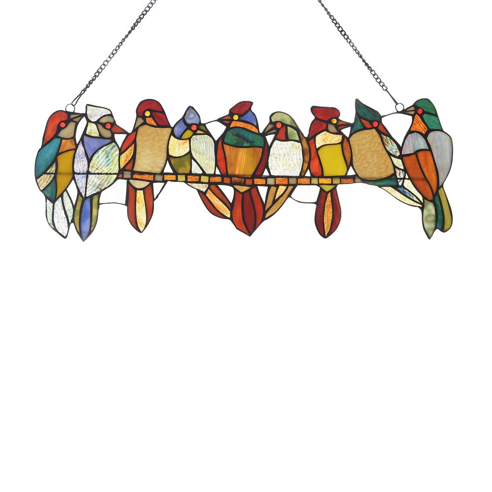 CHLOE Lighting BIRDS ON A VINE Tiffany-style Animal Design Window Panel 26" x 9". The main picture.