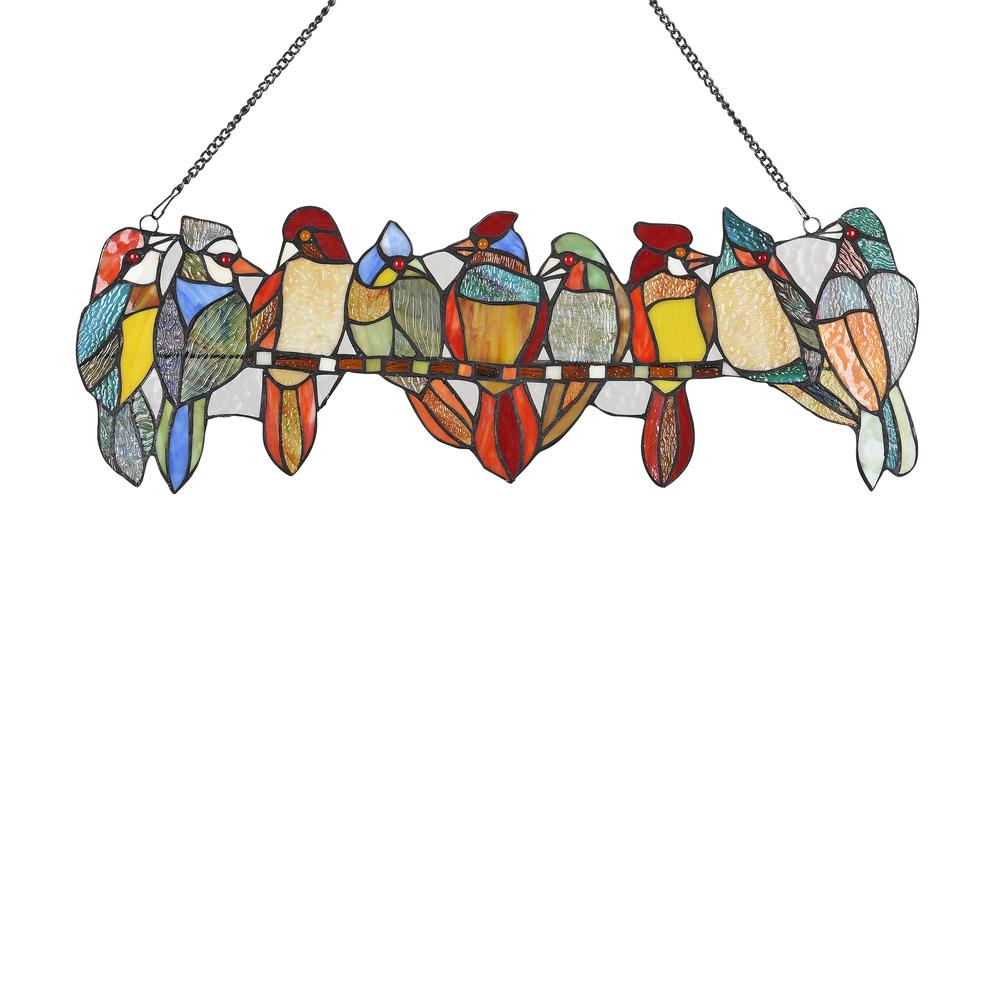 CHLOE Lighting BIRDS ON A VINE Tiffany-style Animal Design Window Panel 26" x 9". Picture 2