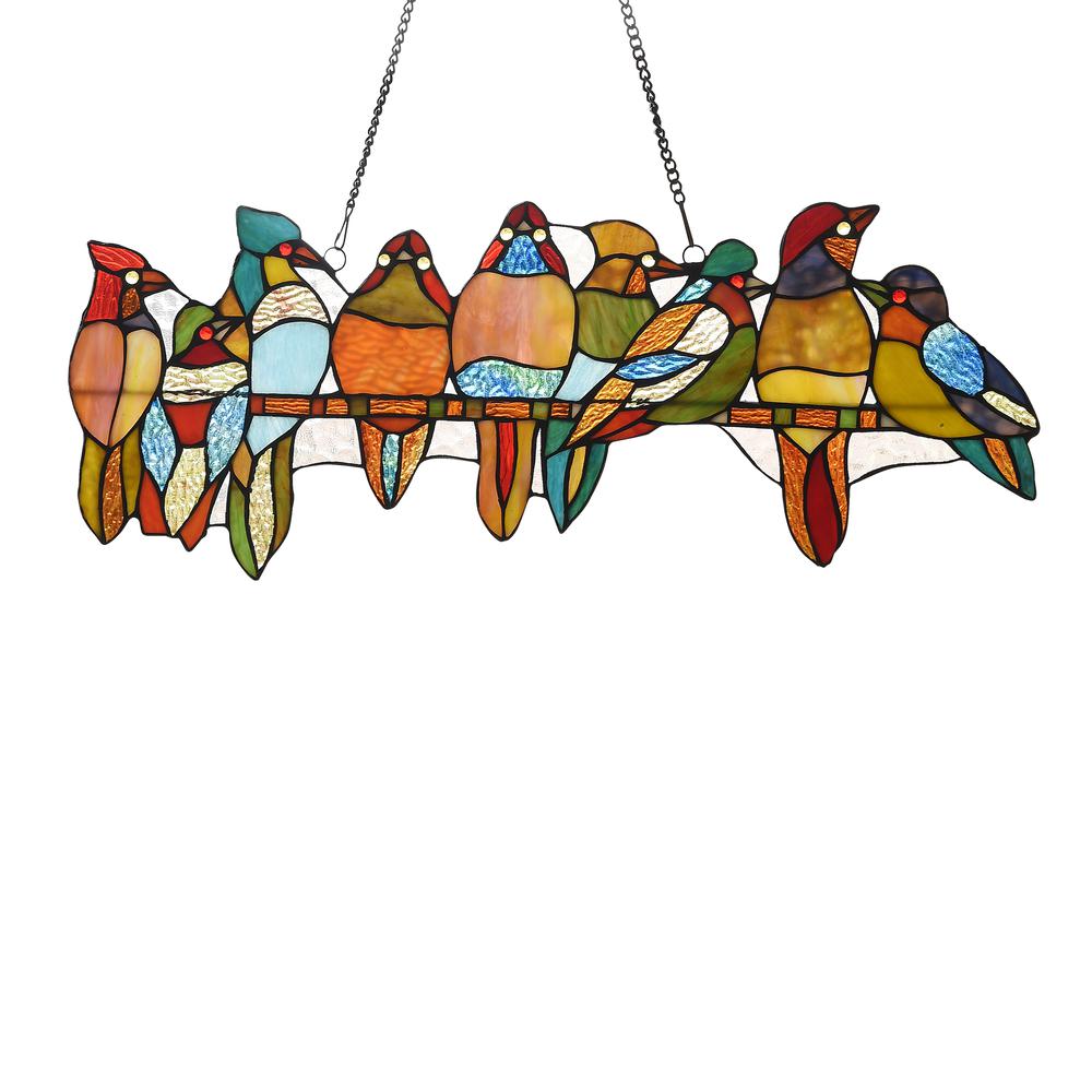 CHLOE Lighting BIRDS ON A VINE Tiffany-style Animal Design Window Panel 25" x 10". Picture 1