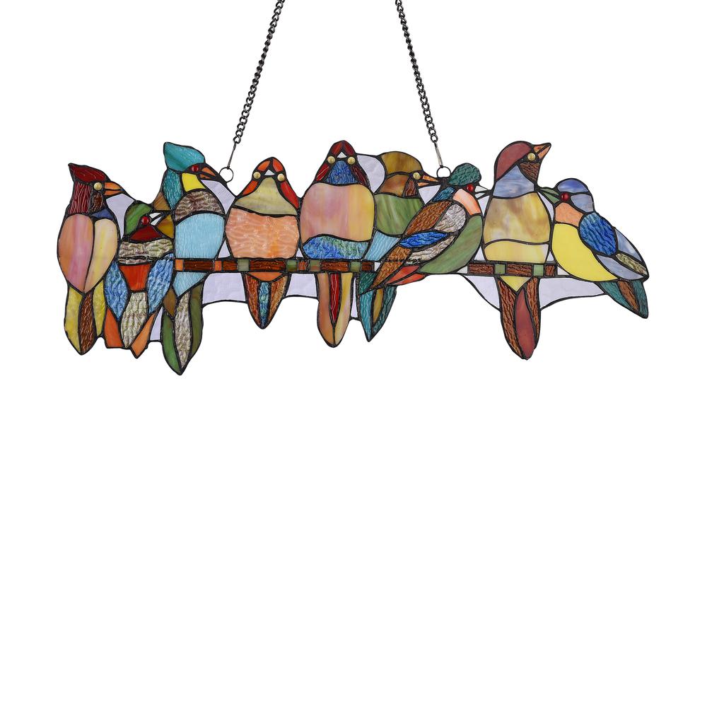 CHLOE Lighting BIRDS ON A VINE Tiffany-style Animal Design Window Panel 25" x 10". Picture 2