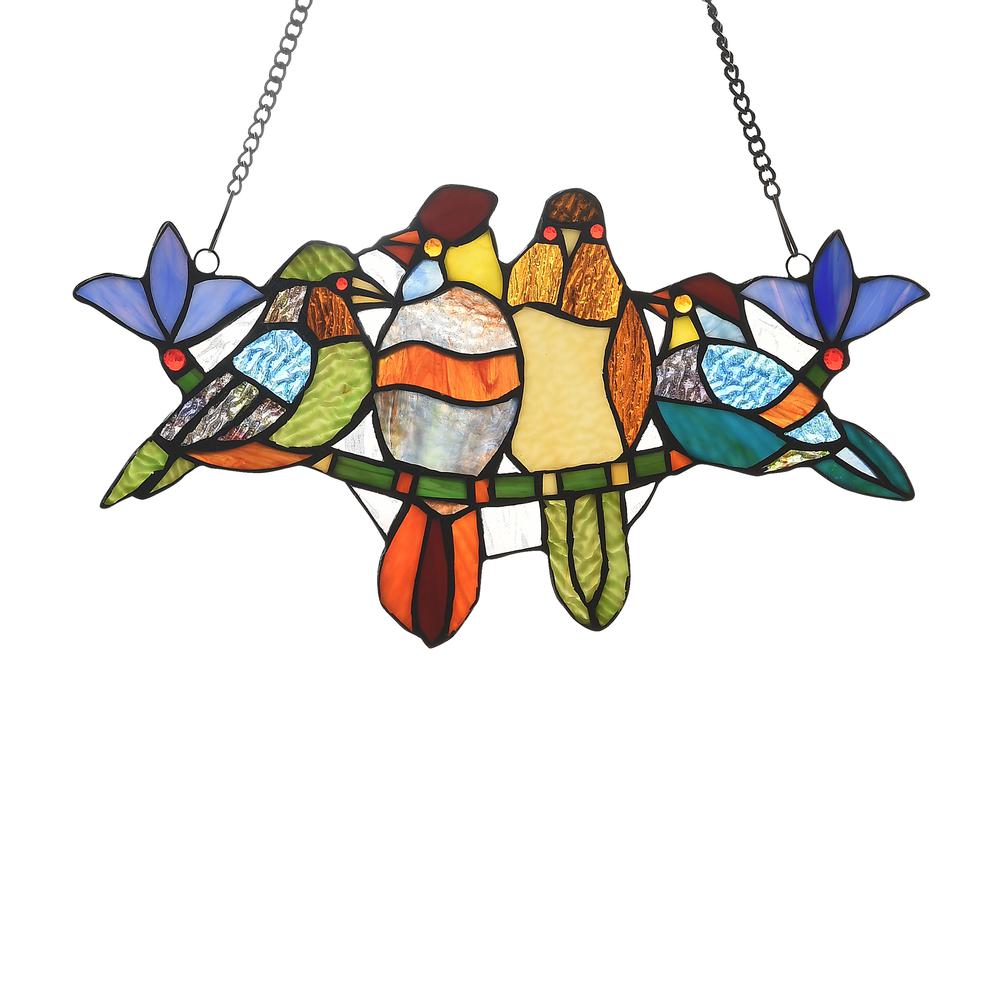 CHLOE Lighting TROPICAL BIRDS Tiffany-style Animal Design Window Panel 16" x 9". Picture 1