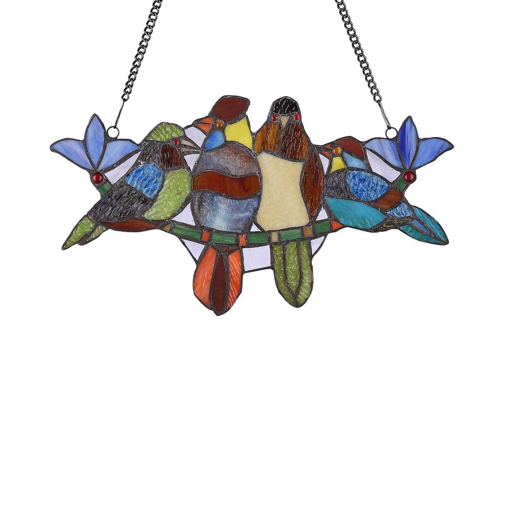 CHLOE Lighting TROPICAL BIRDS Tiffany-style Animal Design Window Panel 16" x 9". Picture 2
