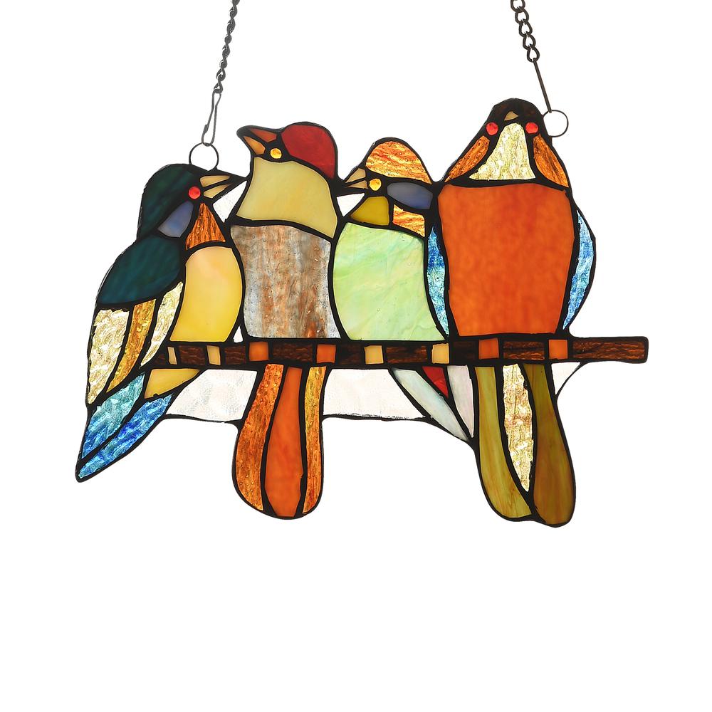 CHLOE Lighting PERCHED BIRDS Tiffany-style Animal Design Window Panel 12" x 9". Picture 1