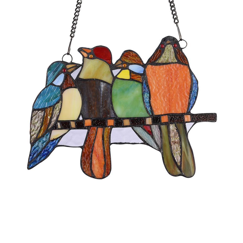 CHLOE Lighting PERCHED BIRDS Tiffany-style Animal Design Window Panel 12" x 9". Picture 2