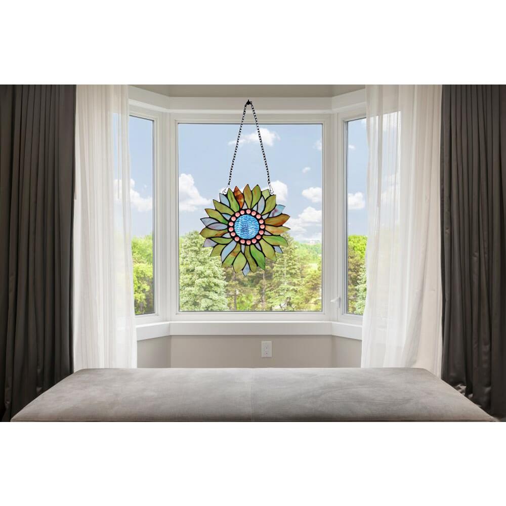 CHLOE-Lighting SUNDANCE Tiffany-style Floral Stained Glass Window Panel 11" Height. Picture 4