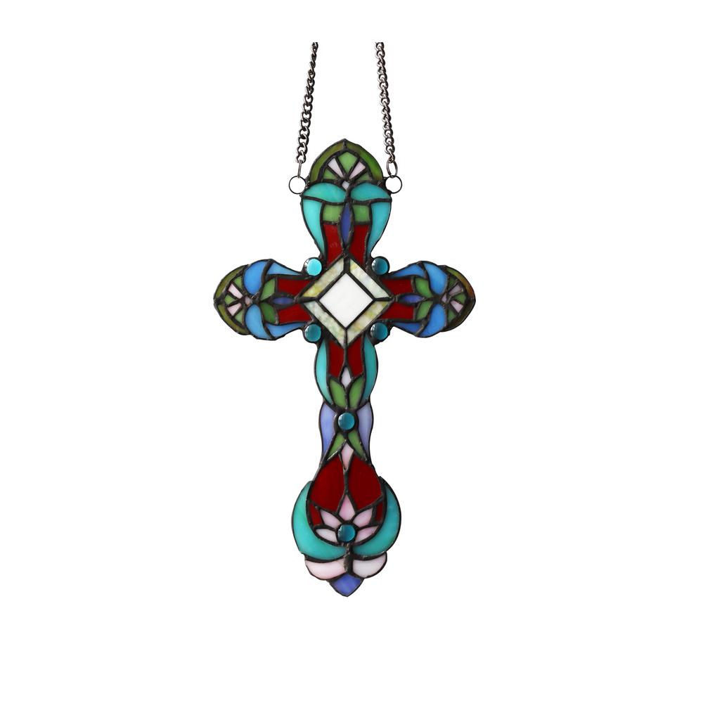 CHLOE Lighting CROSS Victorian Tiffany-style Stained Glass Window Panel 13" Tall. Picture 2