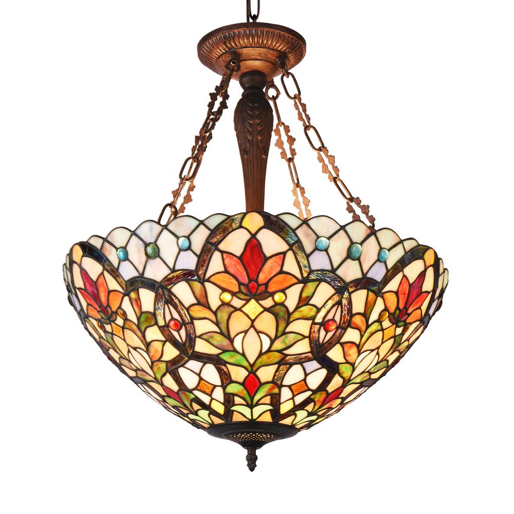IVANA Tiffany-style 3 Light Floral Inverted Ceiling Pendant 21" Shade. Picture 1