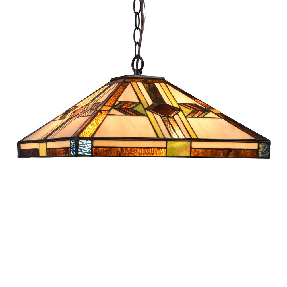 CHLOE Lighting CARLA Tiffany-style Blackish Bronze 2 Light Mission Ceiling Pendant Fixture 16" Shade. Picture 1
