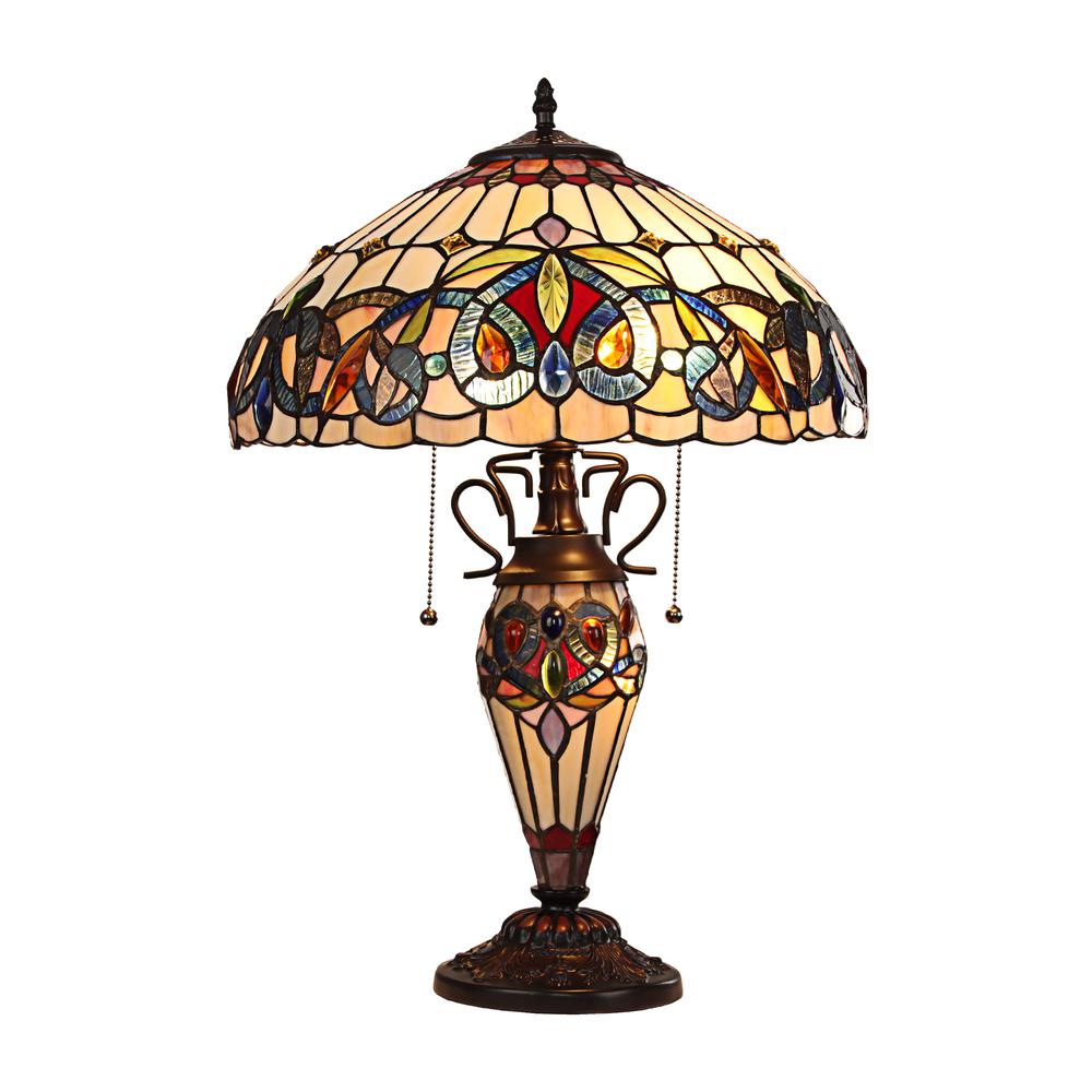 CHLOE Lighting SERENITY Victorian Tiffany-style Dark Bronze 3 Light Double Lit Table Lamp 16" Wide. Picture 1