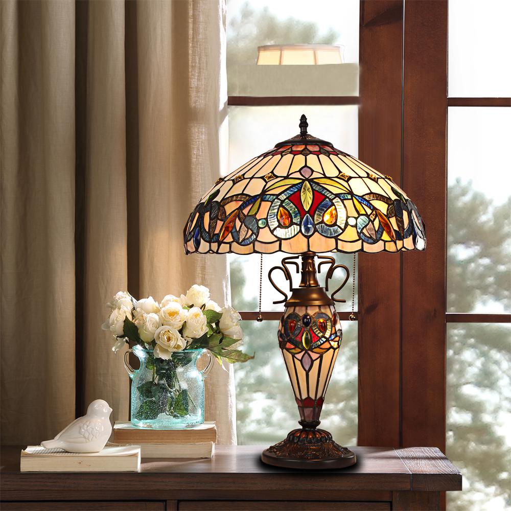 CHLOE Lighting SERENITY Victorian Tiffany-style Dark Bronze 3 Light Double Lit Table Lamp 16" Wide. Picture 6