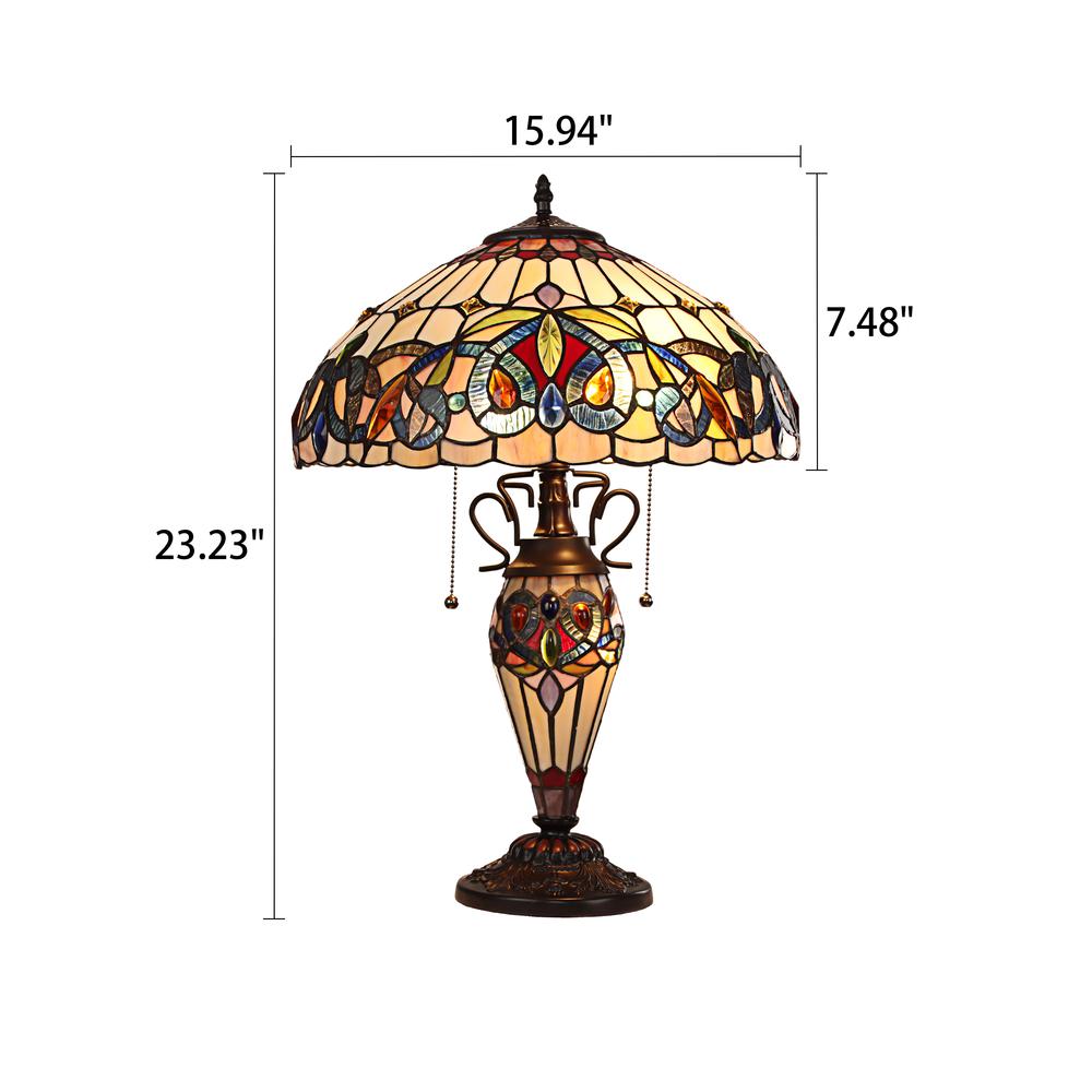 CHLOE Lighting SERENITY Victorian Tiffany-style Dark Bronze 3 Light Double Lit Table Lamp 16" Wide. Picture 7