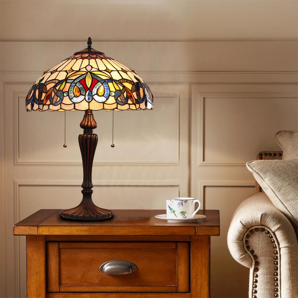 CHLOE Lighting SERENITY Victorian Tiffany-style Dark Bronze 2 Light Table Lamp 16" Wide. Picture 5