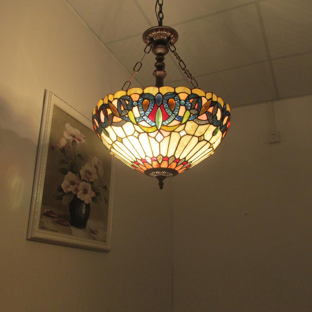 SERENITY Tiffany-style 3 Light Victorian Inverted Ceiling Pendant 18" Shade. Picture 3