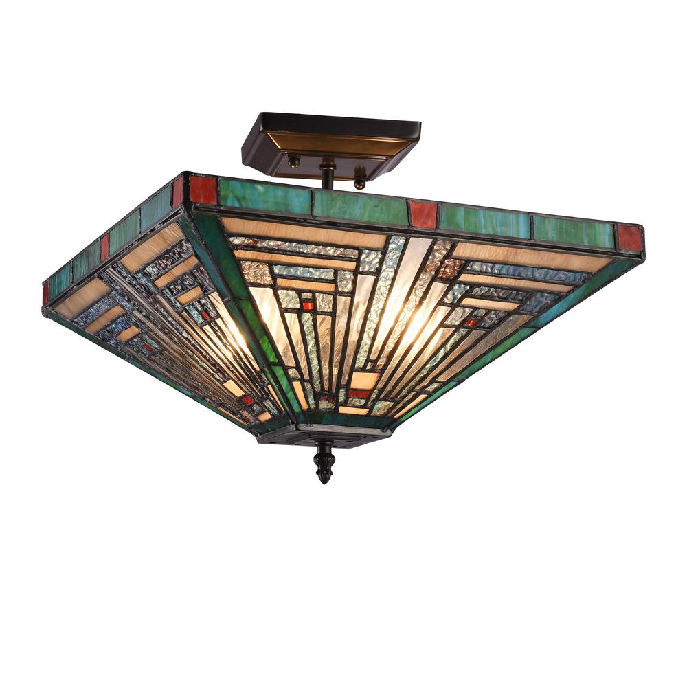 CHLOE Lighting INNES Tiffany-style Blackish Bronze 2 Light Mission Ceiling Fixture 14" Wide. Picture 1