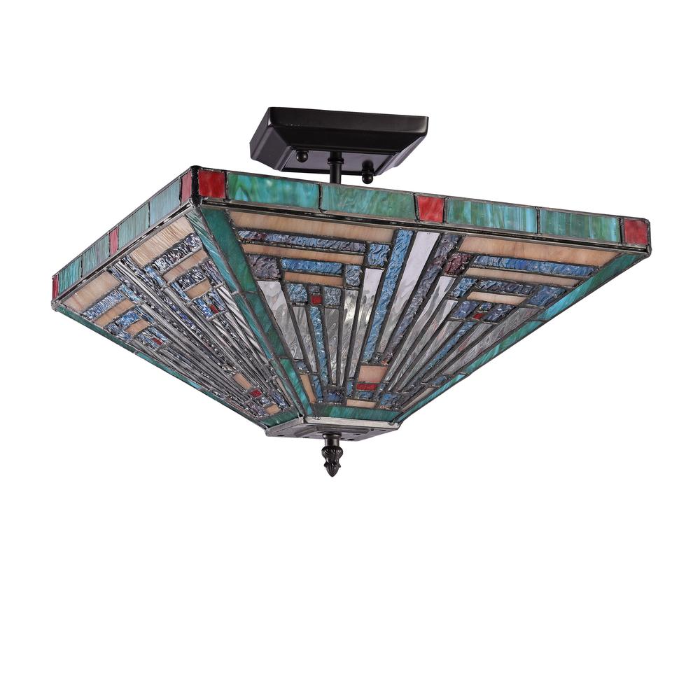 CHLOE Lighting INNES Tiffany-style Blackish Bronze 2 Light Mission Ceiling Fixture 14" Wide. Picture 2