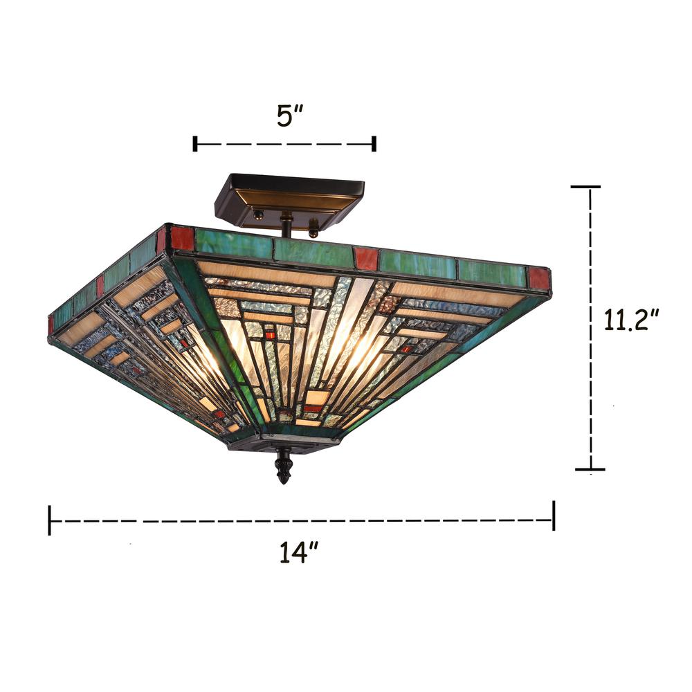 CHLOE Lighting INNES Tiffany-style Blackish Bronze 2 Light Mission Ceiling Fixture 14" Wide. Picture 4