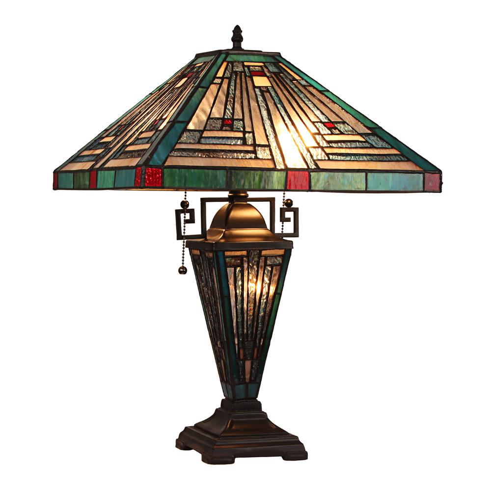 CHLOE Lighting INNES Mission Tiffany-style Blackish Bronze 3 Light Double Lit Table Lamp 16" Wide. Picture 1