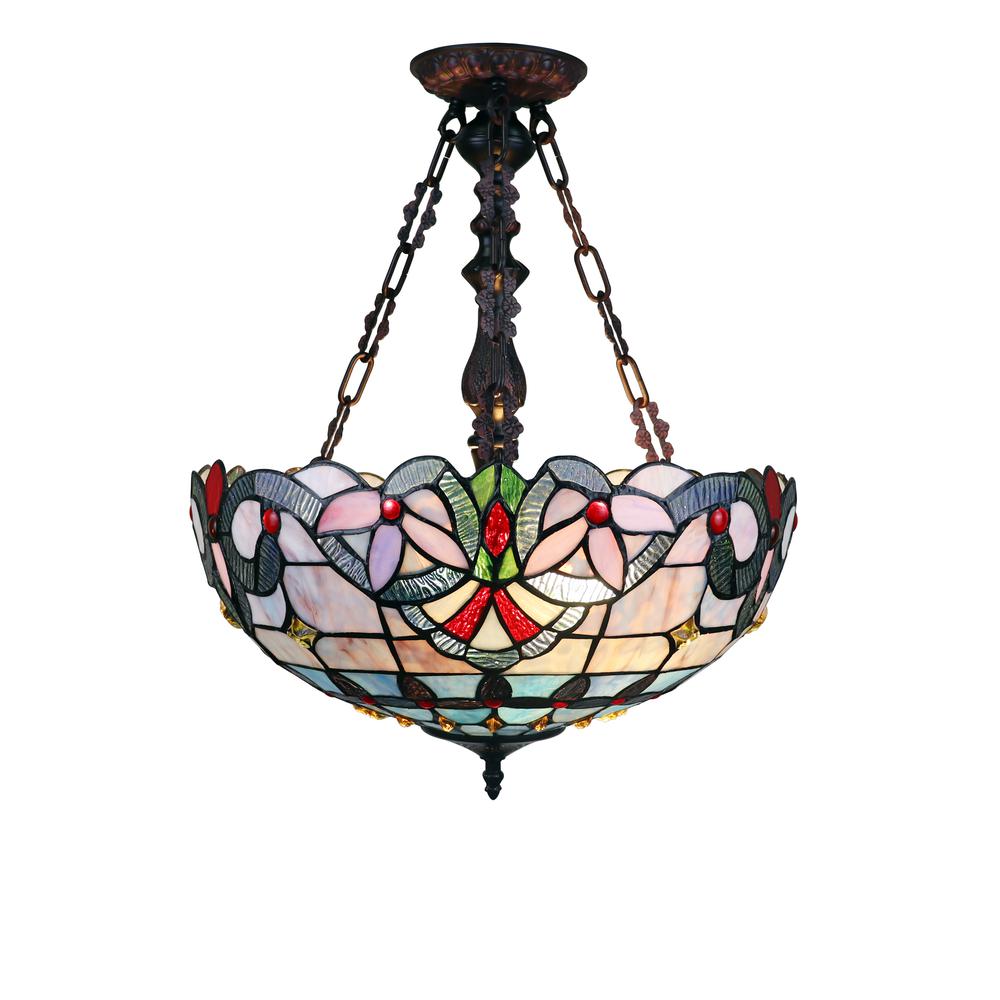 CHLOE Lighting GRENVILLE Victorian Tiffany-Style Dark Bronze 2 Light Inverted Ceiling Pendant 18" Wide. Picture 1